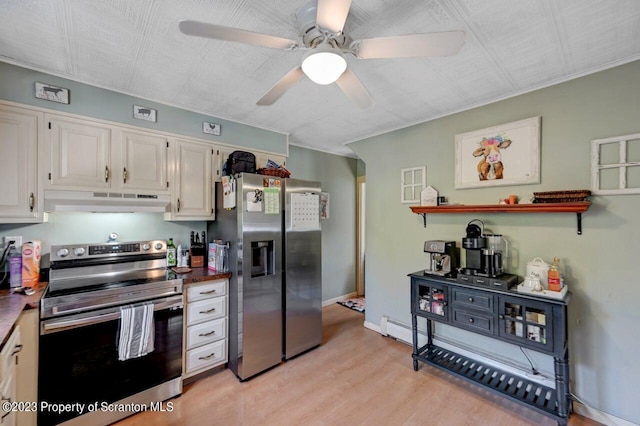 kitchen featuring white cabinetry, ceiling fan, light wood-type flooring, and appliances with stainless steel finishes