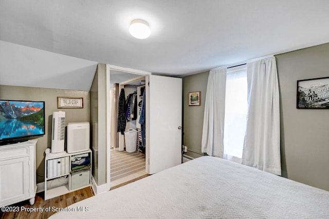 bedroom with hardwood / wood-style floors and a closet