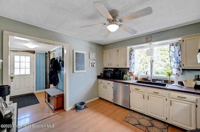 kitchen featuring dishwasher, light hardwood / wood-style flooring, a wealth of natural light, and sink