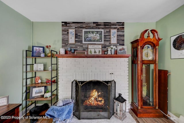 room details featuring hardwood / wood-style flooring and a fireplace