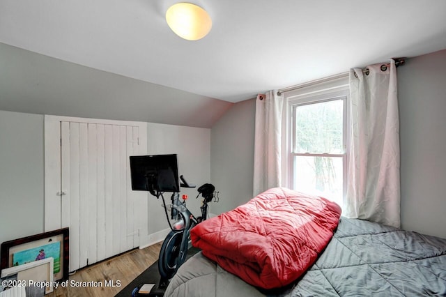 bedroom featuring light wood-type flooring and lofted ceiling