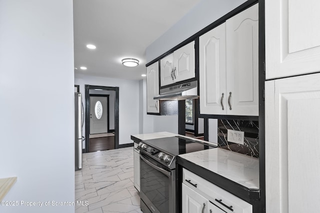 1210 N N Main Ave, Scranton, PA 18508 - kitchen with electric range, under cabinet range hood, freestanding refrigerator, recessed lighting, and white cabinets