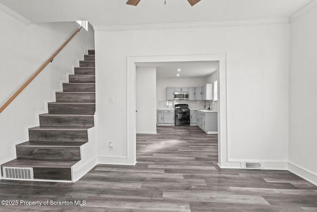 stairs with sink, wood-type flooring, ornamental molding, and ceiling fan