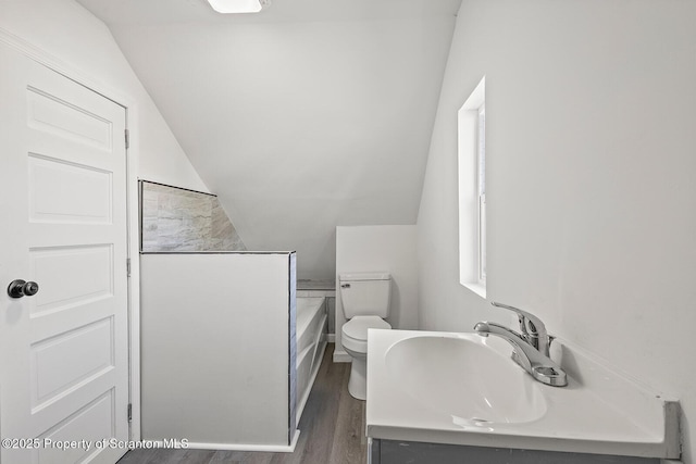 bathroom featuring lofted ceiling, toilet, hardwood / wood-style floors, and vanity