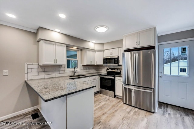 kitchen with backsplash, white cabinets, sink, appliances with stainless steel finishes, and kitchen peninsula