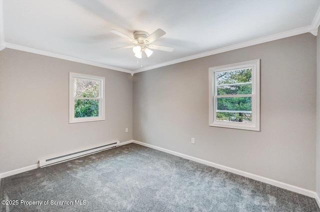 carpeted spare room with baseboard heating, a healthy amount of sunlight, and ornamental molding