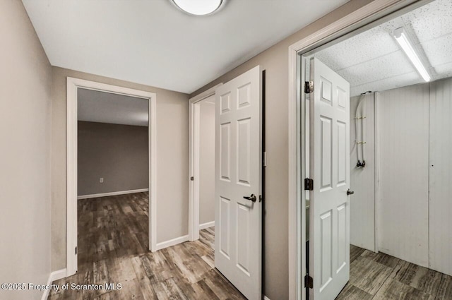 corridor featuring hardwood / wood-style floors and a paneled ceiling