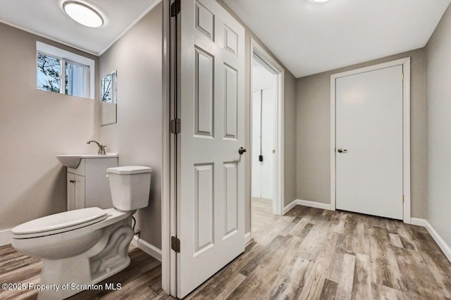 bathroom featuring vanity, toilet, wood-type flooring, and crown molding