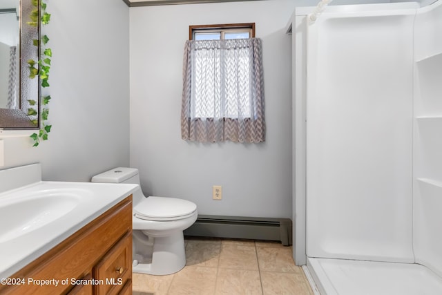 bathroom featuring vanity, a shower, a baseboard radiator, tile patterned flooring, and toilet