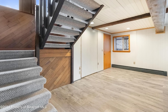 staircase with beamed ceiling, hardwood / wood-style flooring, baseboard heating, and wooden walls