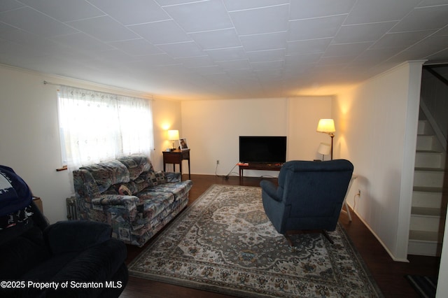 528 Hemlock St, Scranton, PA 18505 - living room featuring wood finished floors, stairs, and ornamental molding