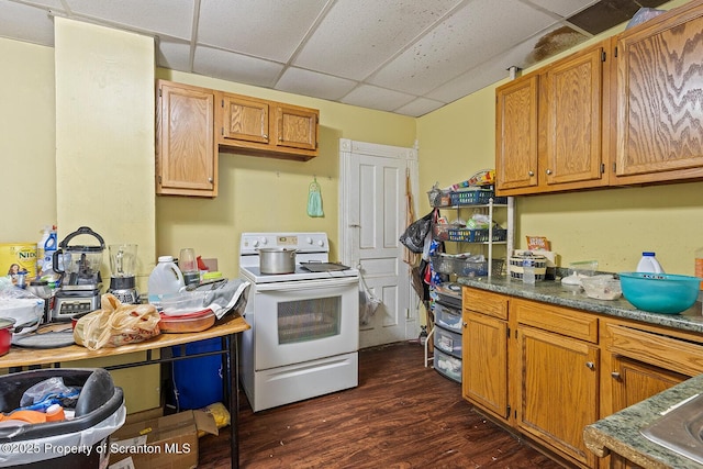 1004 Prospect Ave, Scranton, PA 18505 - kitchen with a drop ceiling, white electric stove, and dark wood-style flooring