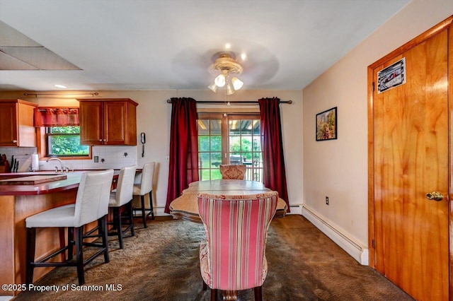 226 Linda Ln, Scranton, PA 18504 - dining space featuring a baseboard radiator, dark carpet, and ceiling fan