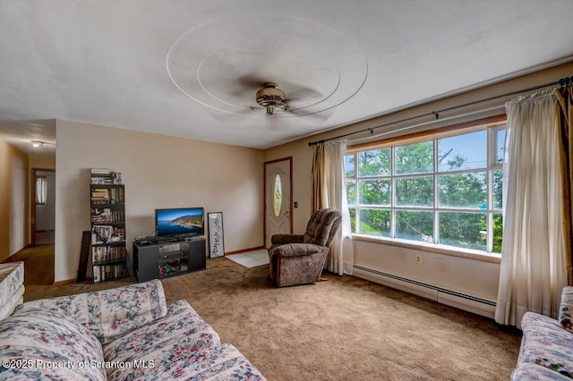 226 Linda Ln, Scranton, PA 18504 - living area featuring a baseboard heating unit, a ceiling fan, and carpet