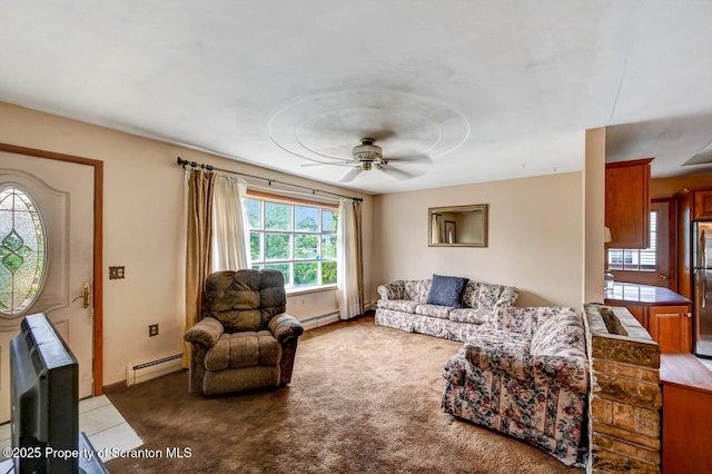 226 Linda Ln, Scranton, PA 18504 - living area featuring baseboard heating, a ceiling fan, and light carpet