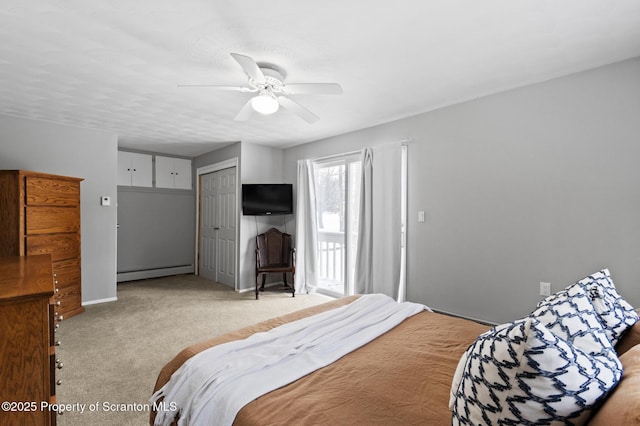 bedroom with light colored carpet, a closet, ceiling fan, and baseboard heating