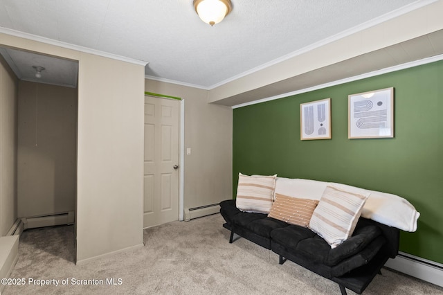 sitting room featuring a baseboard radiator, ornamental molding, and light colored carpet