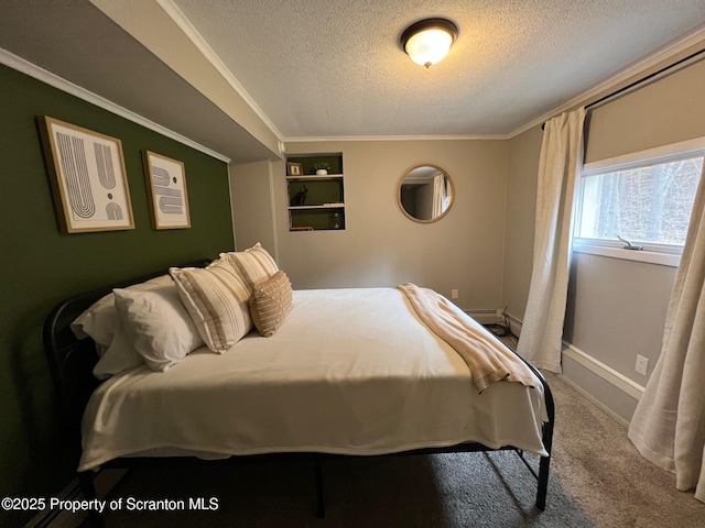 carpeted bedroom featuring ornamental molding and a textured ceiling