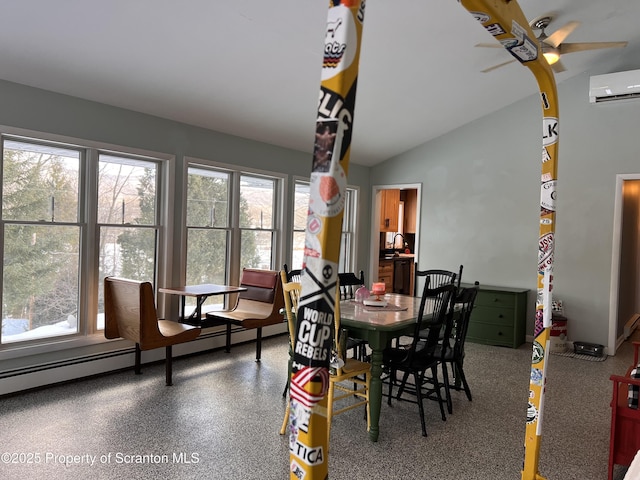 dining space featuring a wealth of natural light, vaulted ceiling, sink, and a wall mounted air conditioner