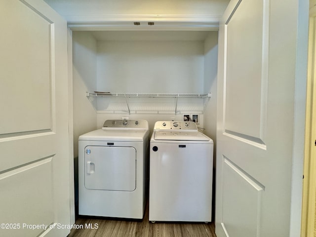 laundry area with light hardwood / wood-style floors and independent washer and dryer