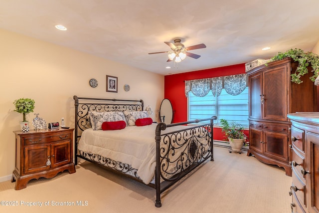 99 Elizabeth Ave, Hallstead, PA 18822 - bedroom with light carpet, recessed lighting, a baseboard radiator, and ceiling fan