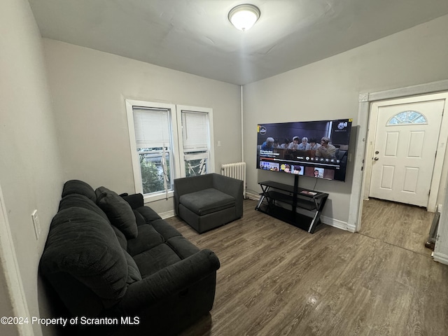 living room featuring hardwood / wood-style flooring and radiator