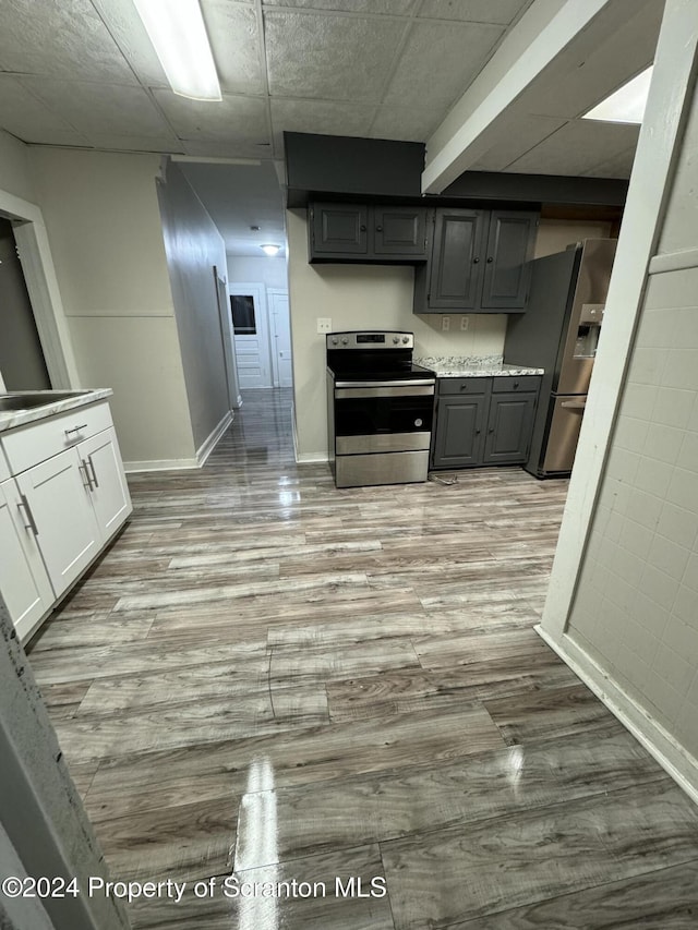 kitchen with white cabinets, appliances with stainless steel finishes, light hardwood / wood-style flooring, and gray cabinetry