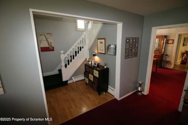 938 Oak St, Scranton, PA 18508 - corridor with a baseboard heating unit, stairway, and wood finished floors