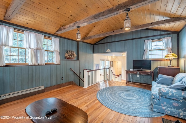 interior space featuring baseboard heating, wooden ceiling, lofted ceiling with beams, and hardwood / wood-style floors