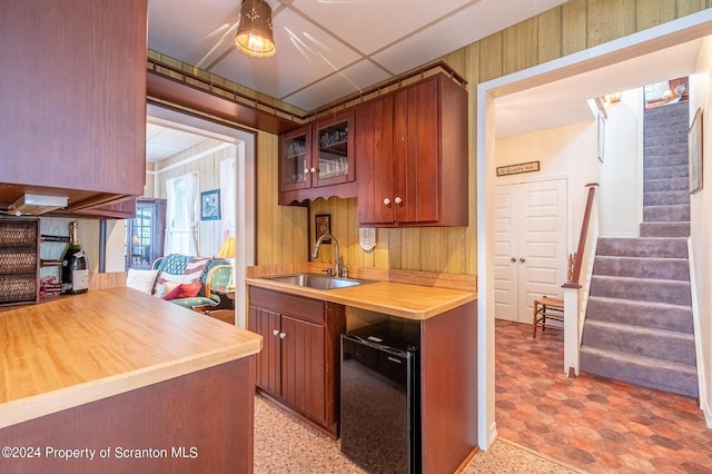 kitchen featuring wood walls, wood counters, glass insert cabinets, and a sink