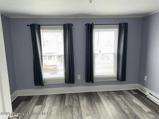 empty room featuring baseboards, a healthy amount of sunlight, and baseboard heating