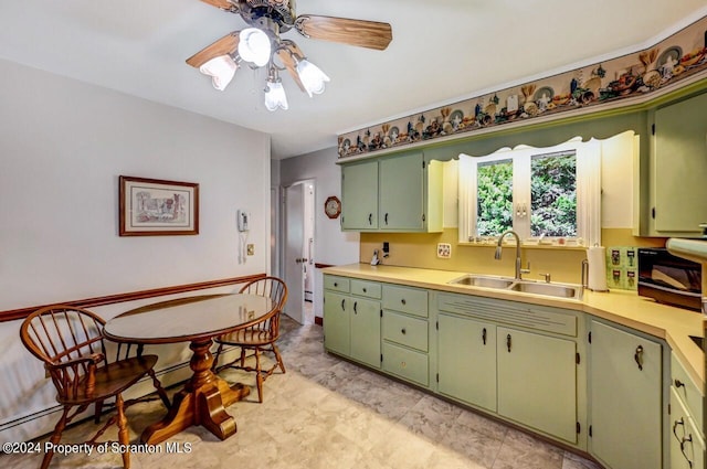 kitchen featuring ceiling fan, sink, and green cabinetry