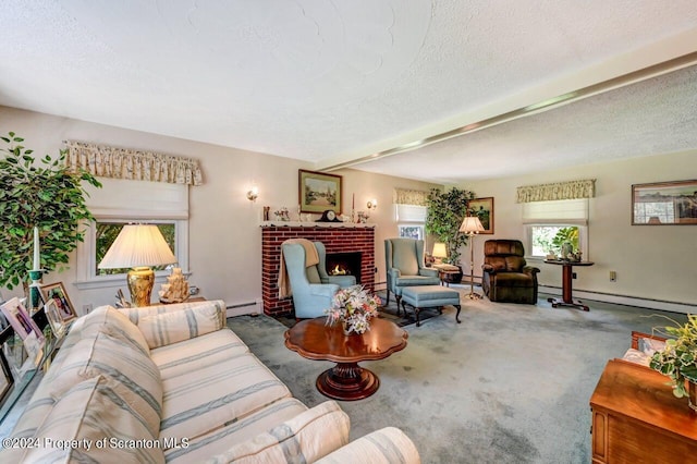 carpeted living room with a textured ceiling, a fireplace, and a baseboard radiator