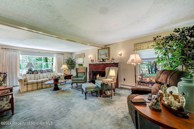 carpeted living room featuring beamed ceiling, a textured ceiling, a baseboard radiator, and a brick fireplace