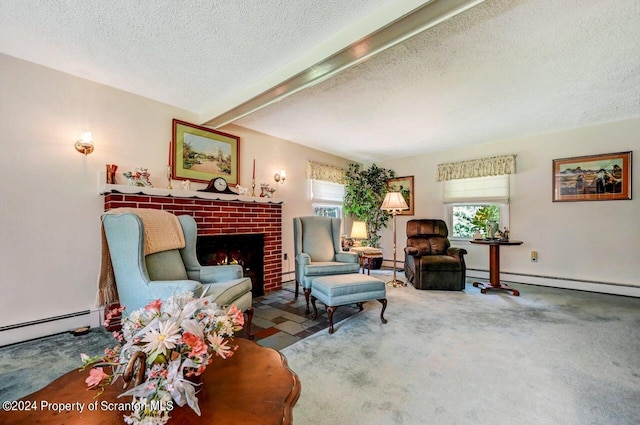 sitting room with baseboard heating, a fireplace, beamed ceiling, and a textured ceiling