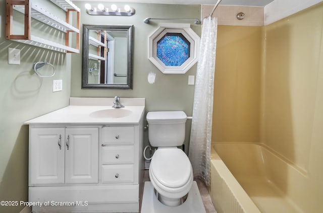 bathroom featuring shower / bathtub combination with curtain, vanity, and toilet