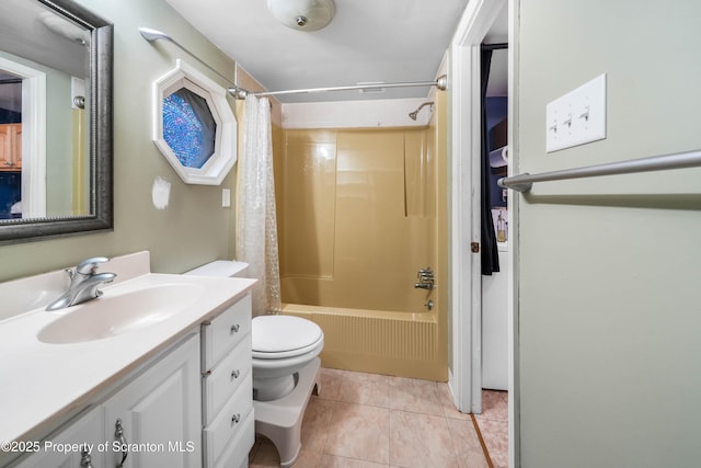 full bath with toilet, tile patterned floors, shower / bath combo, and vanity