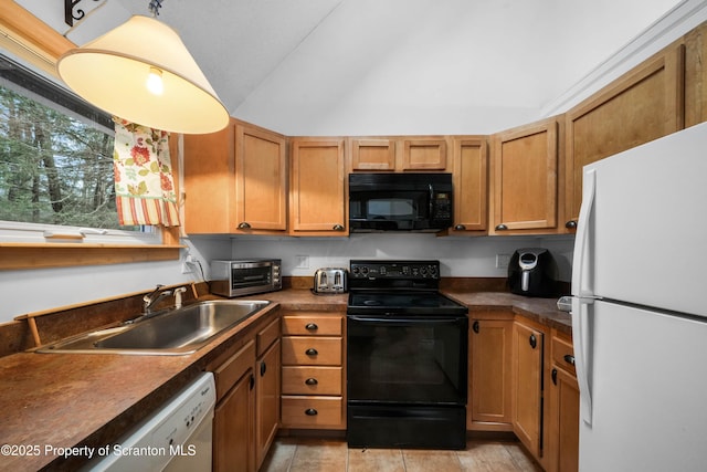 kitchen with a toaster, dark countertops, vaulted ceiling, a sink, and black appliances