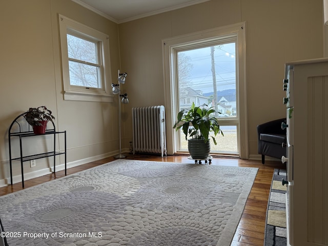 living area with wood finished floors, radiator heating unit, baseboards, and ornamental molding