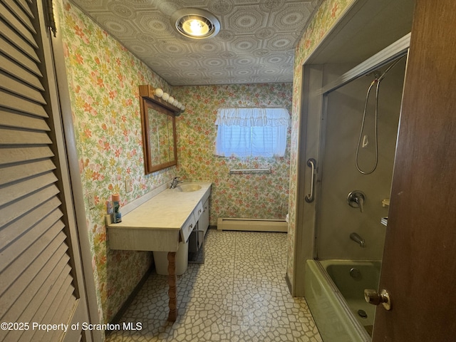 146 S Hyde Ave, Scranton, PA 18504 - full bath with wallpapered walls, a baseboard heating unit, shower / washtub combination, and vanity