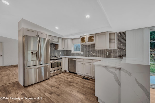 kitchen with sink, light wood-type flooring, light stone countertops, appliances with stainless steel finishes, and tasteful backsplash