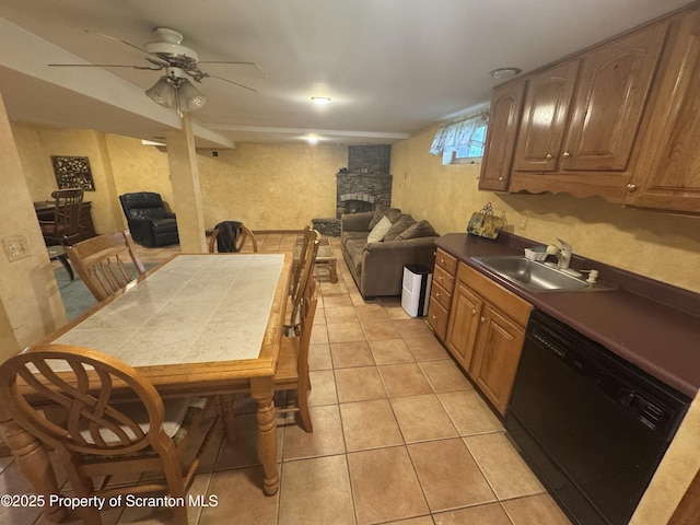 113 Claremont Ave, Clarks Summit, PA 18411 - kitchen with dishwasher, a sink, open floor plan, light tile patterned floors, and a ceiling fan