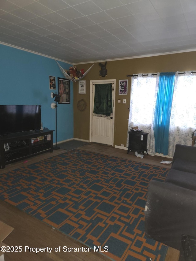 carpeted living room with crown molding