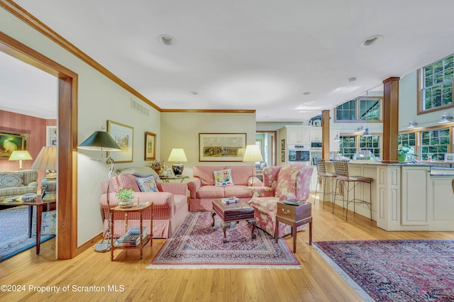 living room featuring light hardwood / wood-style floors and ornamental molding