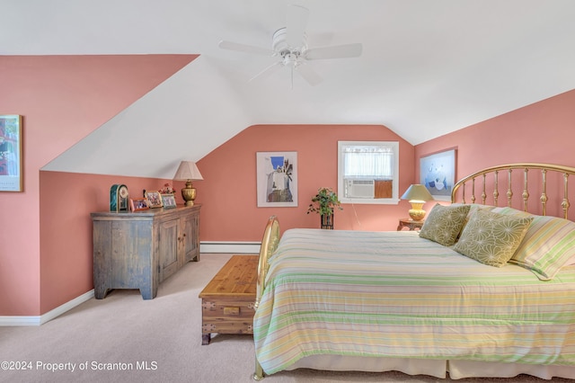 carpeted bedroom featuring a baseboard radiator, vaulted ceiling, ceiling fan, and cooling unit