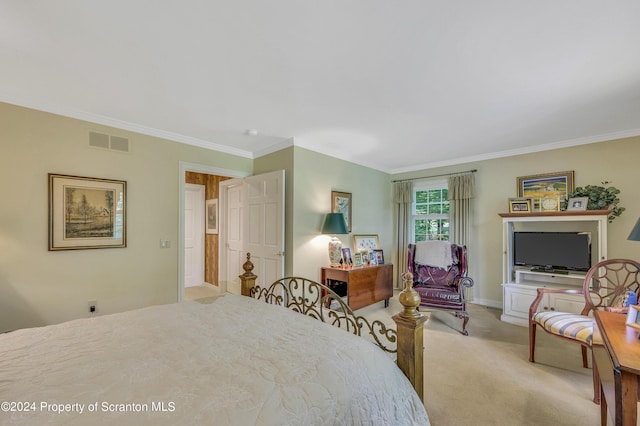 carpeted bedroom with crown molding