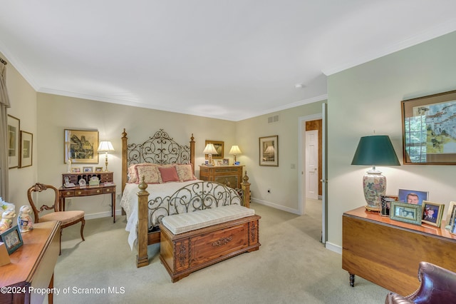 carpeted bedroom featuring ornamental molding