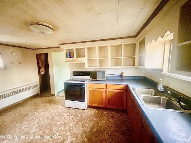 kitchen featuring a sink, brown cabinets, open shelves, white electric range oven, and crown molding