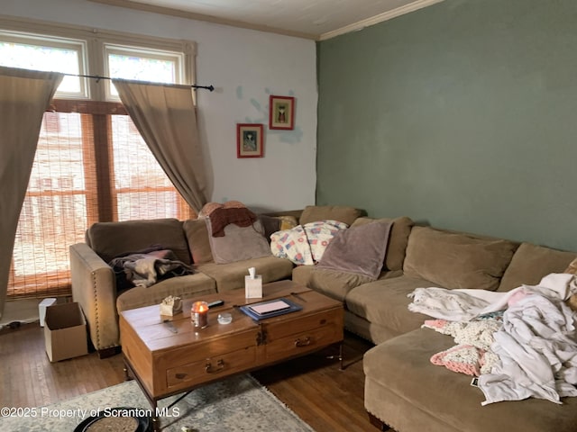 living area with ornamental molding and wood finished floors