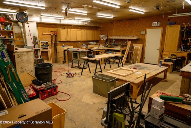 basement with a workshop area